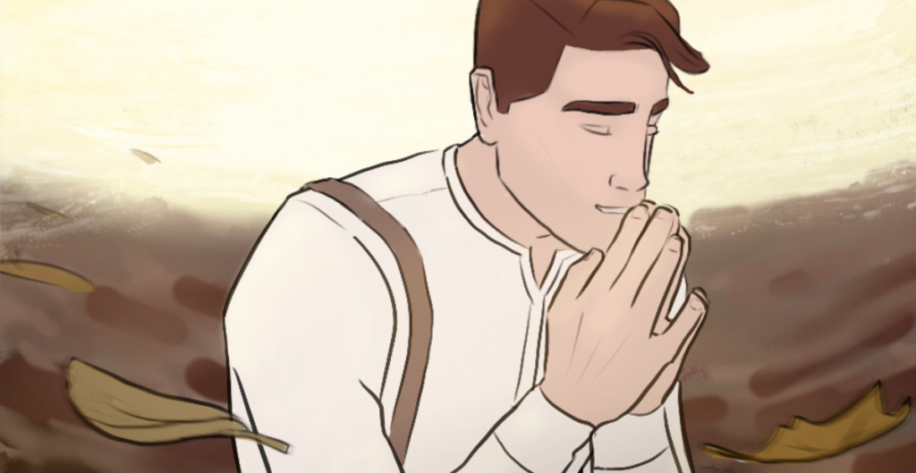 Christian comic illustration, man praying
